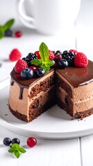 Chocolate layer cake with fresh berries and mint on white plate, bright lighting