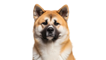 A portrait of an Akita dog looking directly at the camera with a confident expression. The dog has a distinctive coat and alert features