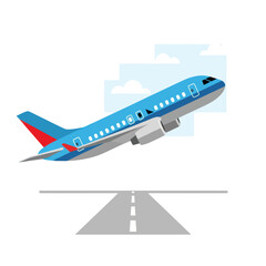 Blue passenger airplane with a red tail taking off from a runway vector illustration.