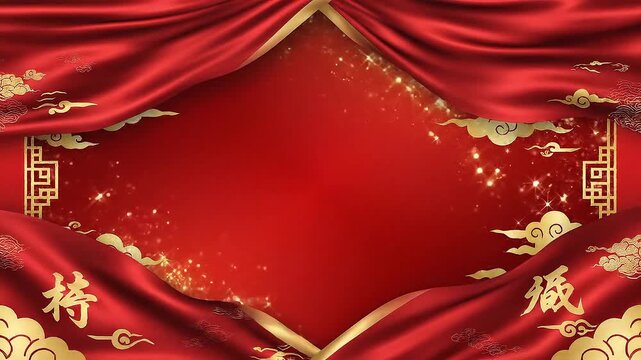 Luxurious Red Curtains Framing a Festive Golden Oriental Patterned Space with Sparkling Accents &ndash; Ideal for Celebrations, Cultural Events, or Elegant Invitations