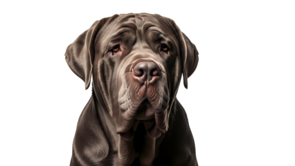A close-up shot of a mastiff dog with a solemn expression. The dog's coat is a dark brown, and it has a wrinkled face with a focused gaze
