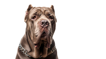 A majestic dog with a serious expression, adorned with a silver chain, set against a plain backdrop. The dog's focused gaze evokes a sense of intensity and loyalty.