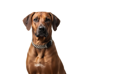 A majestic Ridgeback dog with a noble gaze, sitting attentively. The dog has a sleek brown coat, and is wearing a collar.