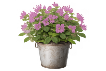 Pink flowering plant in an old rustic metal bucket, green leaves, spring gardening, blooming, nature, transparent background