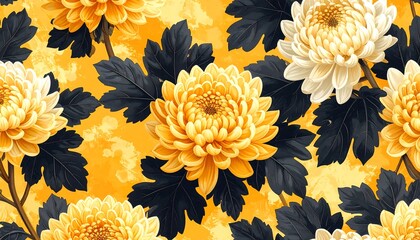 Chrysanthemum flowers with grey foliage against a mottled orange backdrop; floral pattern