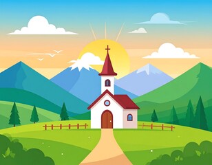 Church in a verdant landscape with hills, mountains, trees, and a bright sun, set against a vibrant sky