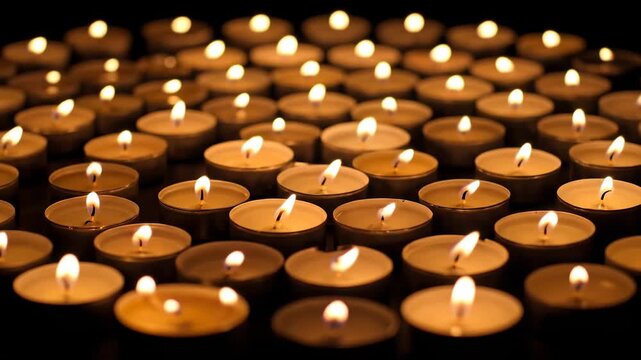 Many small candles are lit and glowing, arranged closely together in the darkness.