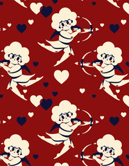 Cute Cupid shooting a bow vector seamless pattern. Vintage Valentine's Day print. Simple romantic background. Retro style festive card. Graphic old colors holiday illustration. Flat cartoon design