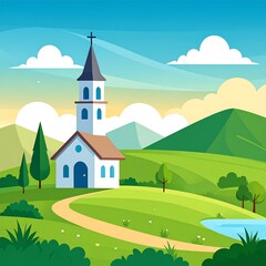 Church on a hill amidst a peaceful landscape with lush greenery and serene skies, pond, and mountain backdrop