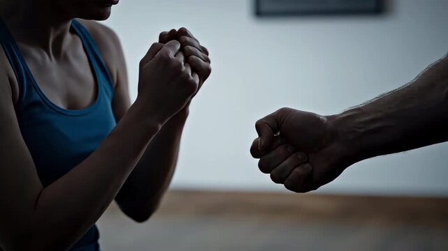 Woman in blue tank top shadowboxing with partner in soft lighting against a white wall. Focused workout session. Strong silhouette and combat theme.