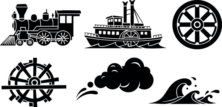 Vintage steam locomotive and paddle steamer boat vector with water wheel and wave illustrations 