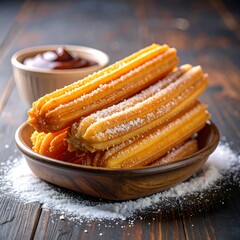 Churros in wooden bowl with chocolate dipping sauce, dusted in powdered sugar on dark wood table, close-up view
