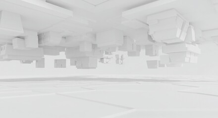 A vast, infinite white void stretching toward the horizon, filled with impossible floating architectural fragments and soft geometric anomalies, mystery, unusual, weird