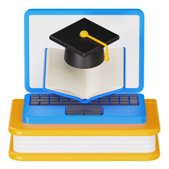 Online Education Concept with Laptop Graduation Cap and Stack of Books 3D Render