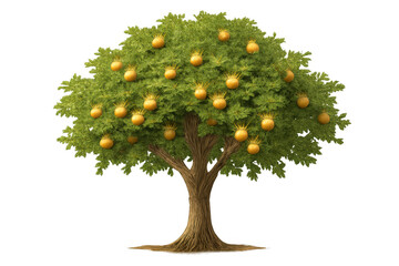 Fruit tree growing many yellow citrus fruits, representing abundance, growth, and natural prosperity on transparent background