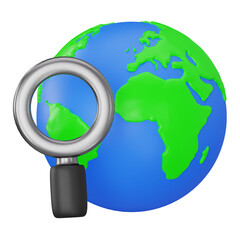 Magnifying Glass Analyzing Earth Globe for Global Search and Research Concept 3D Illustration