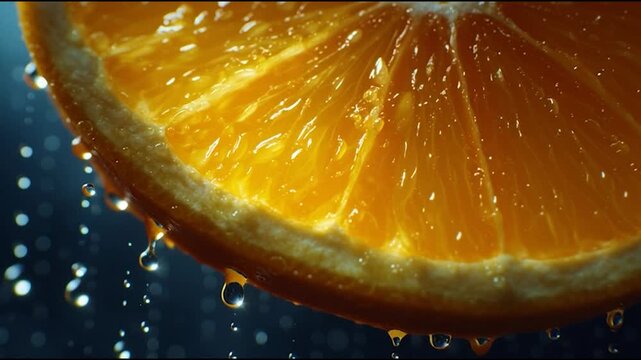 Close up of a juicy orange slice with water droplets falling.