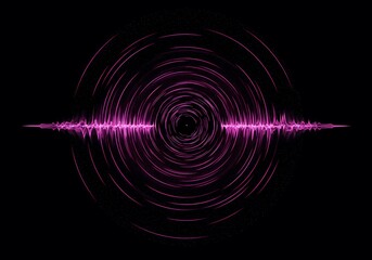 Dynamic visualization of expanding abstract sound waves creating rhythmic geometric patterns and echoing circular distortion, glowing, frequency, sphere