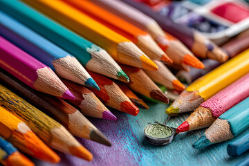 Art therapy materials scattered colorful background with empty space for text