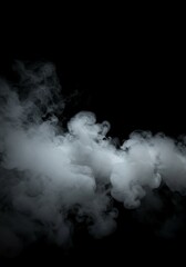 Thick, ethereal plume of white smoke drifting slowly and mysteriously against a deep, dark black background, creating an intense abstract texture, element, stream, gray