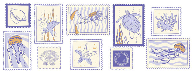 Marine life postage stamps. Vector set in vintage hand drawn style.