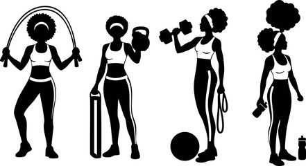 African American Women Exercising with Jump Rope Dumbbells and Fitness Ball Vector Illustration 