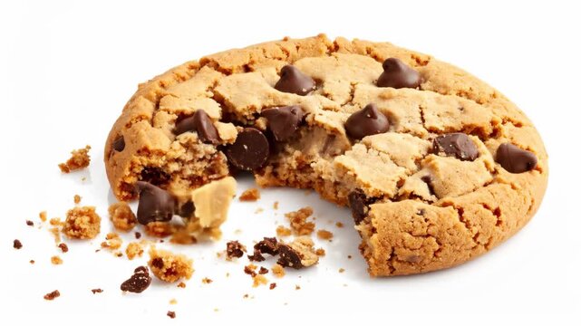 Delicious chocolate chip cookie with a missing bite, isolated on a white background.