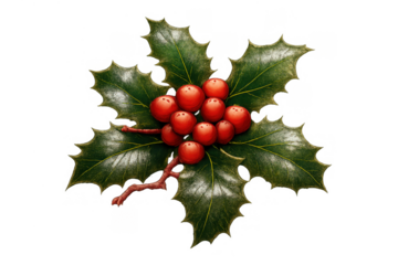 Holly branch with vibrant red berries and green leaves, symbolizing christmas, winter holidays, and festive decoration, transparent background