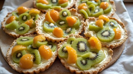 Some pies are served on a round wooden cutting board