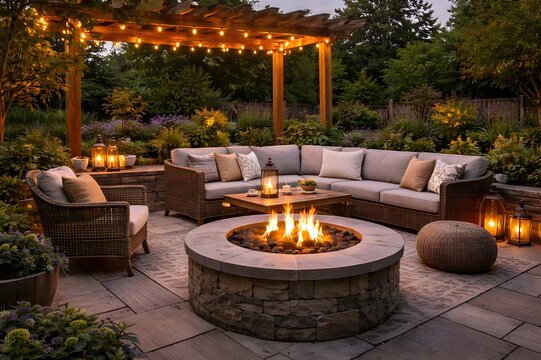 Cozy outdoor patio with fire pit, pergola lighting, and garden seating at dusk