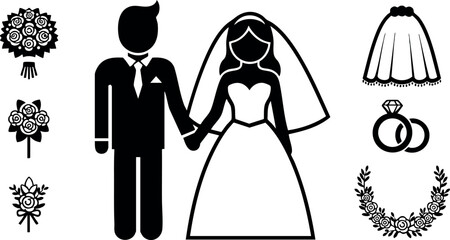 Wedding couple holding hands with rings bouquet veil and floral decorations vector illustration 