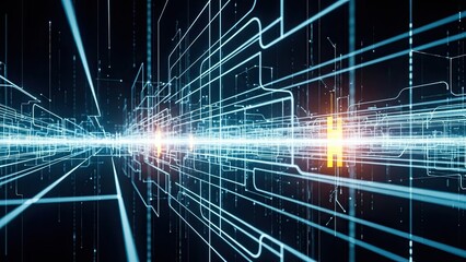 Futuristic digital tunnel with glowing blue circuits and neon lights speeding towards the future