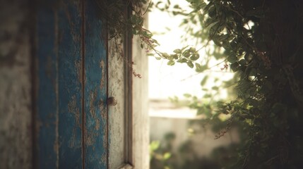 A weathered, teal-blue wooden door, framed by lush greenery, bathed in soft sunlight.