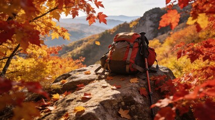 An orange hiking backpack and trekking poles rest on a rock surrounded by vibrant autumn maple leaves in a golden mountain forest landscape.