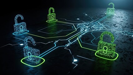 Neon glowing padlocks connected by vibrant circuit lines in dark cyberpunk background