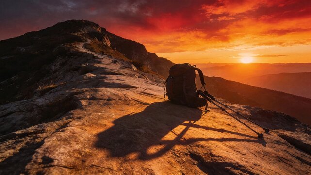 A professional hiking backpack and trekking poles sit on a rocky mountain ridge overlooking a stunning orange and red sunset over distant peaks. - Powered by Adobe