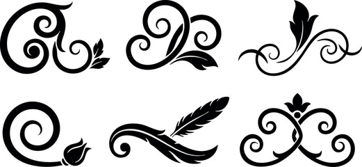 Fototapeta premium Decorative swirl floral elements vector set with leaves and feathers for design embellishment 