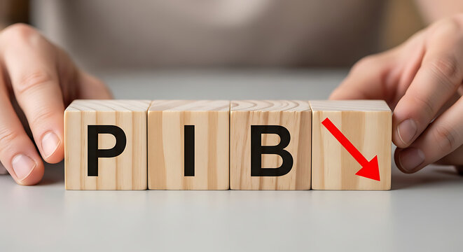 Hand arranging wooden blocks to spell PIB with a red arrow pointing to the last block on a white surface