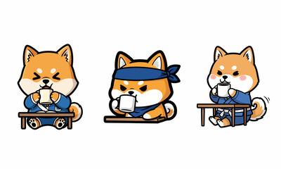 Illustration of Shiba Inu dogs Japanese style drinking white background eps8