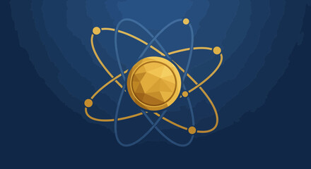 Abstract Representation Of Cryptocurrency And Molecular Nucleus In A Blue-Gold Illustration