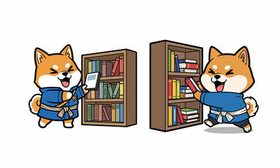 Two cartoon Shiba Inu dogs wearing aprons near bookshelves.