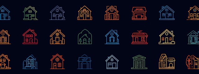 a collection of stylized house drawings, each featuring different roof styles. they are arranged in a grid like pattern against a dark background