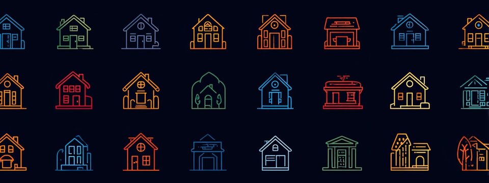 a collection of stylized house drawings, each featuring different roof styles. they are arranged in a grid like pattern against a dark background