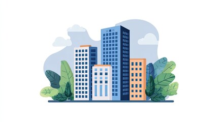 an urban cityscape with skyscrapers and trees. the style is illustrative, featuring stylized buildings and a clear blue sky with clouds