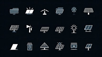 a collection of solar energy icons and symbols. these graphics are associated with various aspects of sustainable energy, such as solar panels, wind turbines, electric cars, and the recycling process