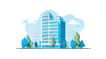 the image is a digital illustration of an urban skyline. it features a tall building with several stories, visible through windows, dominating the scene