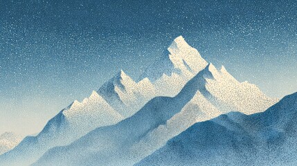 a tranquil scene featuring a majestic mountain range against a clear sky backdrop. the mountains are detailed, exhibiting varying shades of blue and gray that suggest depth and texture