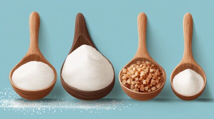 a set of wooden spoons arranged in a line, each containing different ingredients: from left to right, there is salt, flour, granola, and a bowl with what appears to be sugar