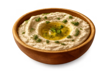 Hummus dip in a wooden bowl with olive oil and herbs, healthy vegan mediterranean snack and appetizer, transparent background
