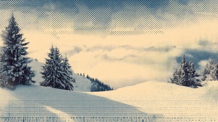 a snowy winter landscape with evergreen trees, likely in the midst of a forest or wooded area